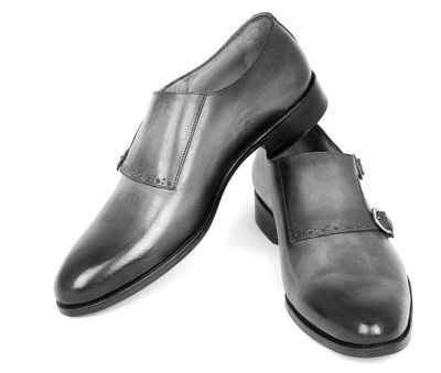 Made By Hand Black Color Double Monk Strap Plain Toe Real Leather Men's Shoes