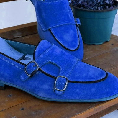 Adorable denim blue dual monk strap apron toe suede leather wedding shoes