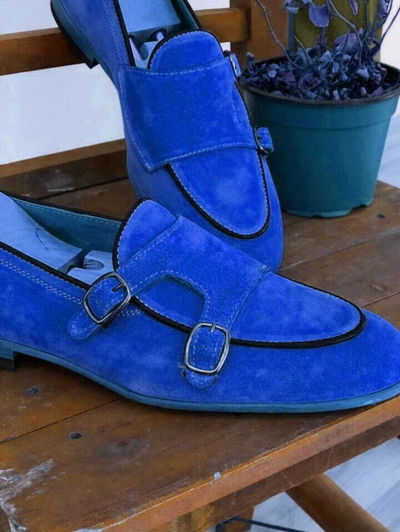 Adorable Denim Blue Dual Monk Strap Apron Toe Suede Leather Wedding Shoes