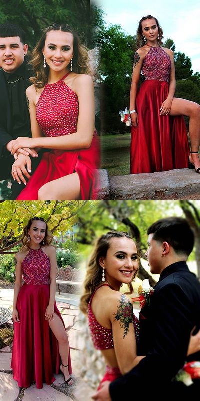 Charming A-Line Halter Open Back Red Satin Long Prom Dresses with Beading,High Slit Evening Party Dresses