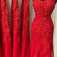 Mermaid Scoop Neck Cross Back Red Lace Prom Drseses,2020 Evening Party Dresses - Thumbnail 2