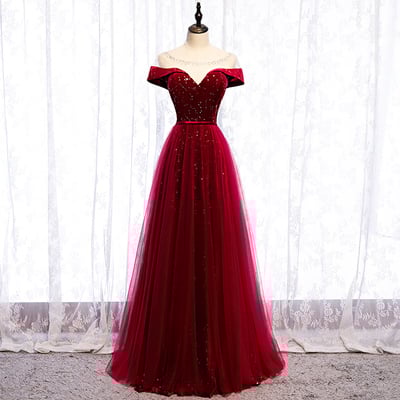 Burgundy tulle velvet prom dress evening dress - Thumbnail 4