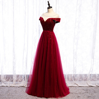 Burgundy tulle velvet prom dress evening dress - Thumbnail 2