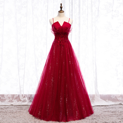 Burgundy tulle long prom dress formal dress - Thumbnail 5