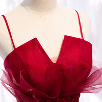 Burgundy tulle long prom dress formal dress - Thumbnail 1