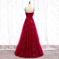 Burgundy tulle long prom dress formal dress - Thumbnail 3