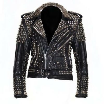 Men studded leather jacket silver stud brando biker zipper sleeves winter summer