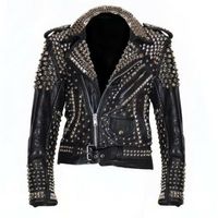 Men Studded Leather JACKET Silver Stud Brando Biker Zipper Sleeves Winter Summer - Thumbnail 4