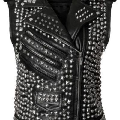 Mens studded leather vest silver studs brando biker zipper pocket winter summer