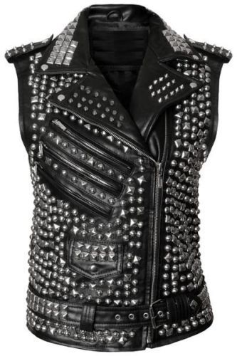 Mens Studded Leather VEST Silver Studs Brando Biker Zipper Pocket Winter Summer