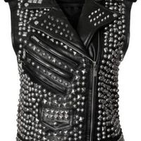Mens Studded Leather VEST Silver Studs Brando Biker Zipper Pocket Winter Summer - Thumbnail 4