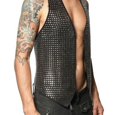 Studded philipp plein leather vest biker style full silver studs covered mens
