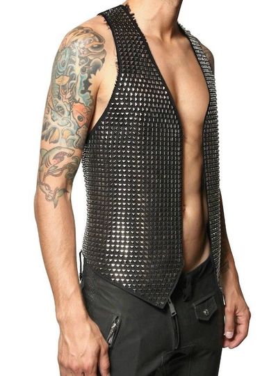 Studded PHILIPP PLEIN Leather VEST Biker Style Full Silver Studs Covered Mens
