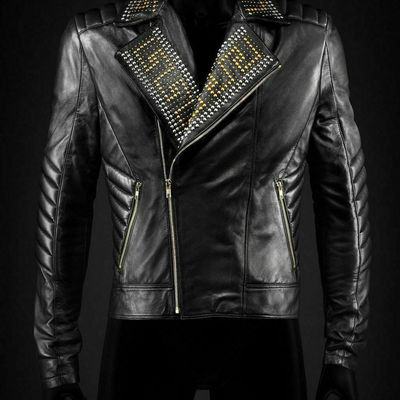 New golden silver studded mens black cowhide leather jacket all sizes