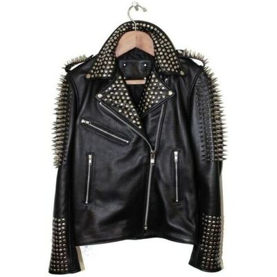 Men's handmade black punk silver long spiked studded cowhide leather jacket
