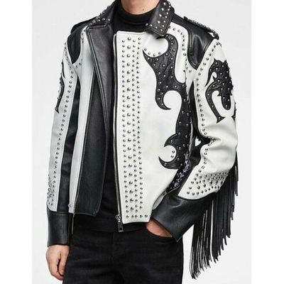 Handmade men two tone biker studded white leather jacket, motorcycle jacket