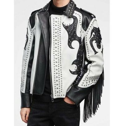 Handmade Men Two Tone Biker Studded White Leather Jacket, Motorcycle Jacket