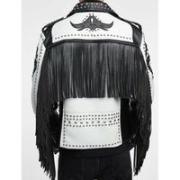Handmade Men Two Tone Biker Studded White Leather Jacket, Motorcycle Jacket - Thumbnail 1