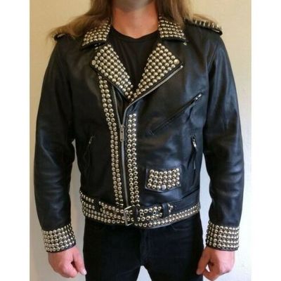 Men's studded leather motorcycle jacket black studs spikes rock style