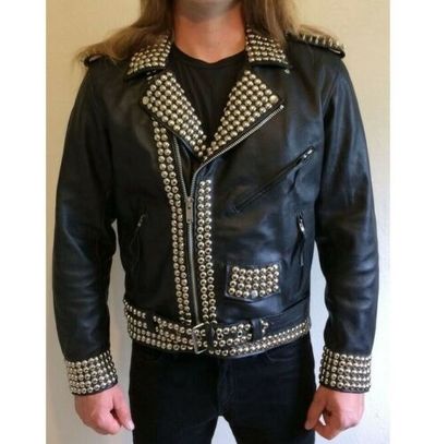 Men's Studded Leather Motorcycle Jacket Black Studs Spikes Rock Style