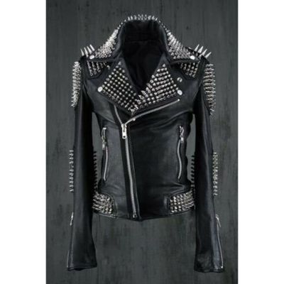 Handmade men black punk silver long spiked studded leather jacket