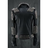 Handmade Men Black Punk Silver Long Spiked Studded Leather Jacket - Thumbnail 1