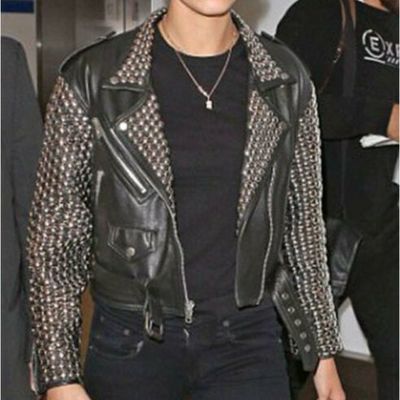 Mens rock star full silver spiked studded cowhide leather jacket