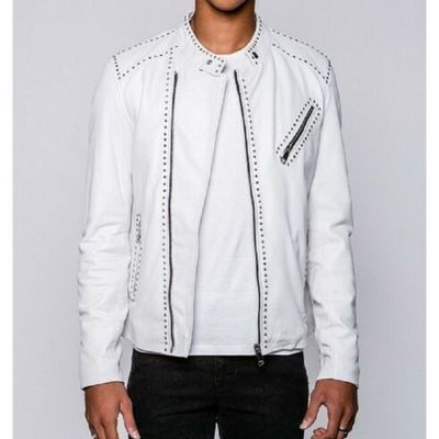Men slim fit studded white leather jacket, rock motorcycle jacket