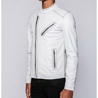 Men Slim Fit Studded White Leather Jacket, Rock Motorcycle Jacket - Thumbnail 1