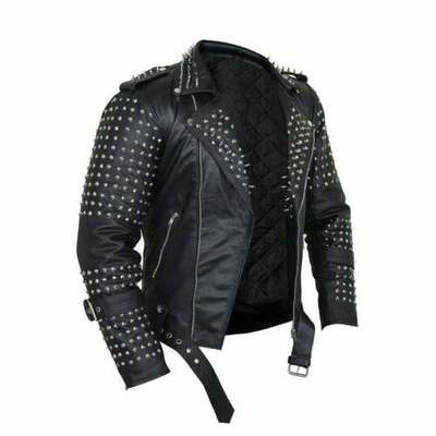 Jacket men black steam punk leather with spikes decor shoulders, silver studded