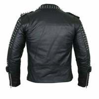 Jacket Men Black Steam Punk Leather With Spikes Decor shoulders, Silver Studded - Thumbnail 1