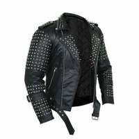 Jacket Men Black Steam Punk Leather With Spikes Decor shoulders, Silver Studded - Thumbnail 4