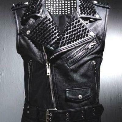 Black leather vest black stud handmade men black punk silver long spiked studded