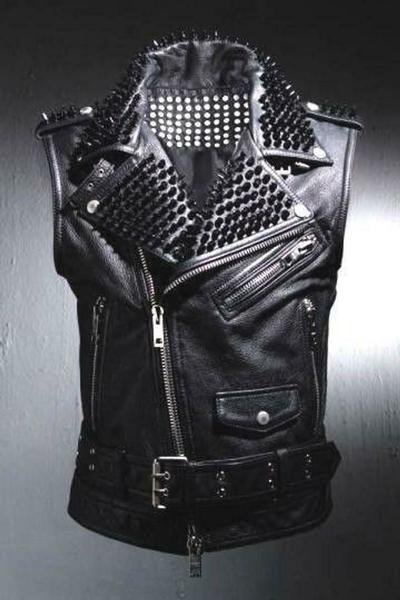 Black Leather VEST Black Stud HANDMADE Men Black Punk Silver Long Spiked Studded