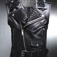 Black Leather VEST Black Stud HANDMADE Men Black Punk Silver Long Spiked Studded - Thumbnail 4