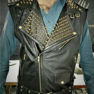 Gold studded vest jacket handmade men black punk silver long spiked studded