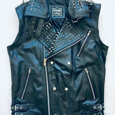 Vest jacket handmade men black punk silver long spiked studded leather buttons
