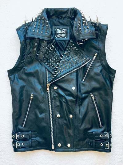 VEST JACKET HANDMADE Men Black Punk Silver Long Spiked Studded Leather Buttons