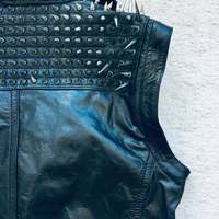 VEST JACKET HANDMADE Men Black Punk Silver Long Spiked Studded Leather Buttons - Thumbnail 1