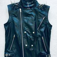 VEST JACKET HANDMADE Men Black Punk Silver Long Spiked Studded Leather Buttons - Thumbnail 2