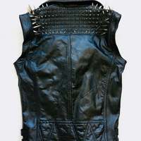 VEST JACKET HANDMADE Men Black Punk Silver Long Spiked Studded Leather Buttons - Thumbnail 3