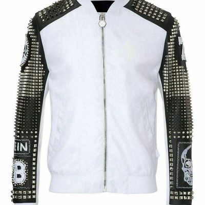 Men's white black silver studded embroidery patches leather coat