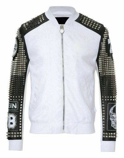 Men's White Black Silver Studded Embroidery Patches Leather Coat