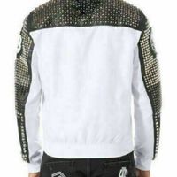 Men's White Black Silver Studded Embroidery Patches Leather Coat - Thumbnail 1