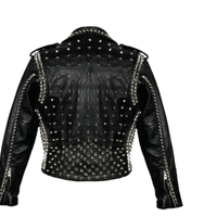 New Men's Full Black Punk Brando Silver Spiked Studded Cowhide Leather Jacket - Thumbnail 3