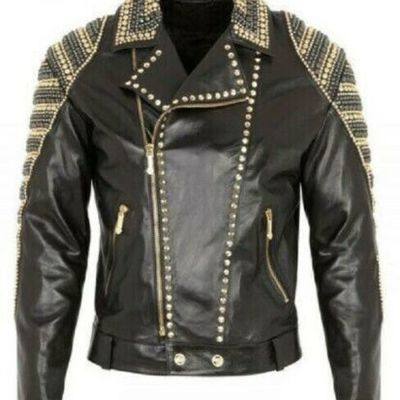 New black handmade pure leather silver & golden studded fashion jacket for men's