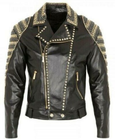 New Black Handmade Pure Leather Silver & Golden Studded Fashion Jacket For Men's