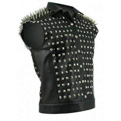 New Mens Black Full Silver Spiked Studded Punk Rock Cowhide Biker Leather Vest