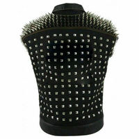 New Mens Black Full Silver Spiked Studded Punk Rock Cowhide Biker Leather Vest - Thumbnail 1