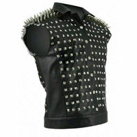 New Mens Black Full Silver Spiked Studded Punk Rock Cowhide Biker Leather Vest - Thumbnail 4
